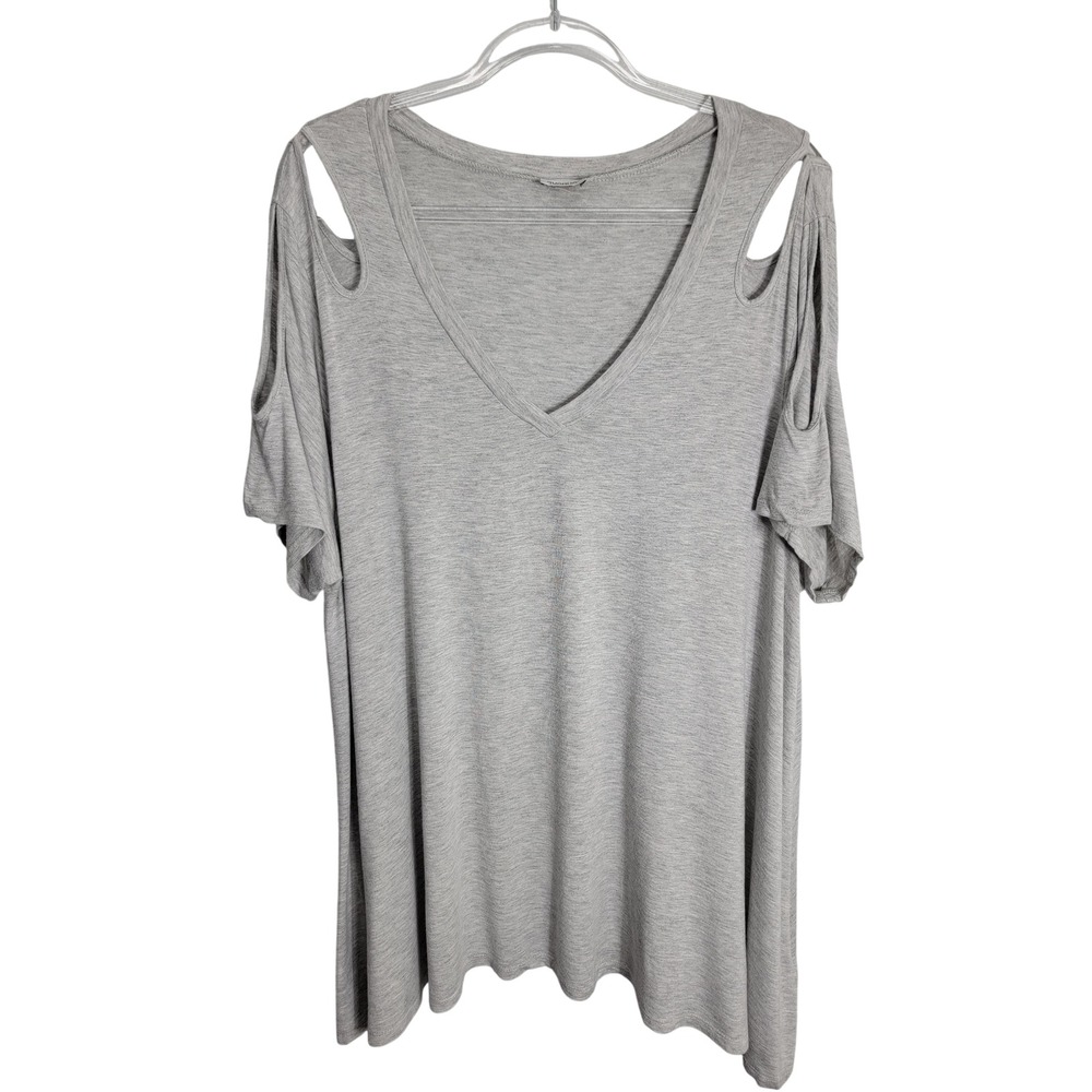 Avenue Women 22/24 Top Gray Cold Shoulder V-Neck Short Sleeve Relaxed Fit